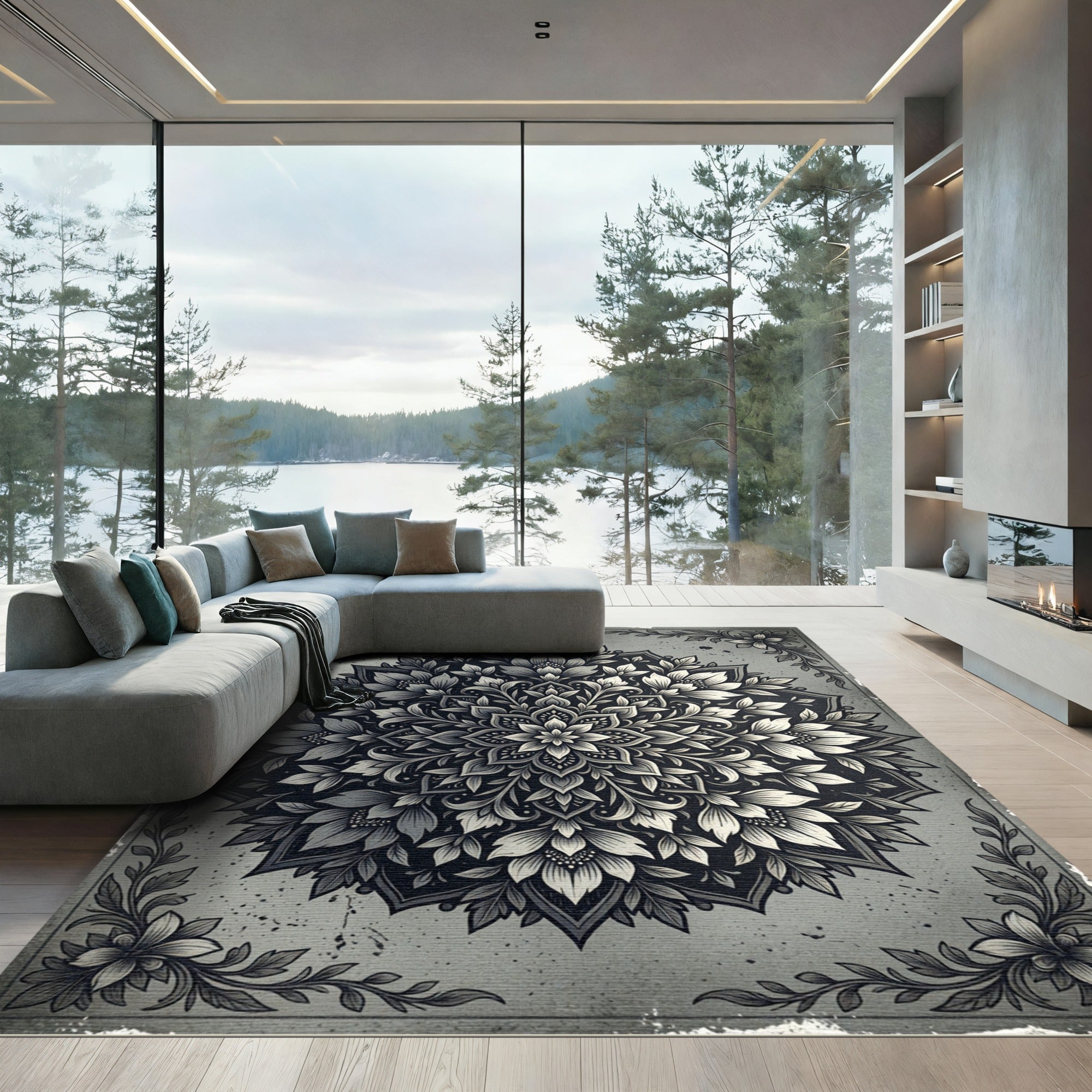 Ornate Gray Ink Floral Mandala Rug