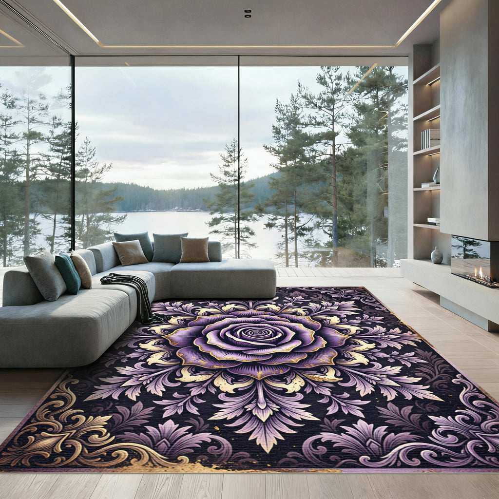 Elegant Violet Rose Ornate Floral Medallion Rug