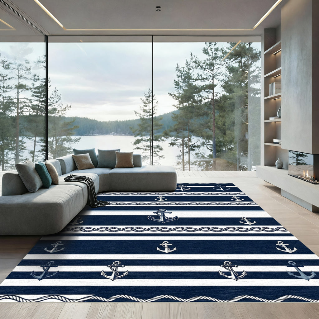 Navy Nautical Anchor Rope Striped Rug