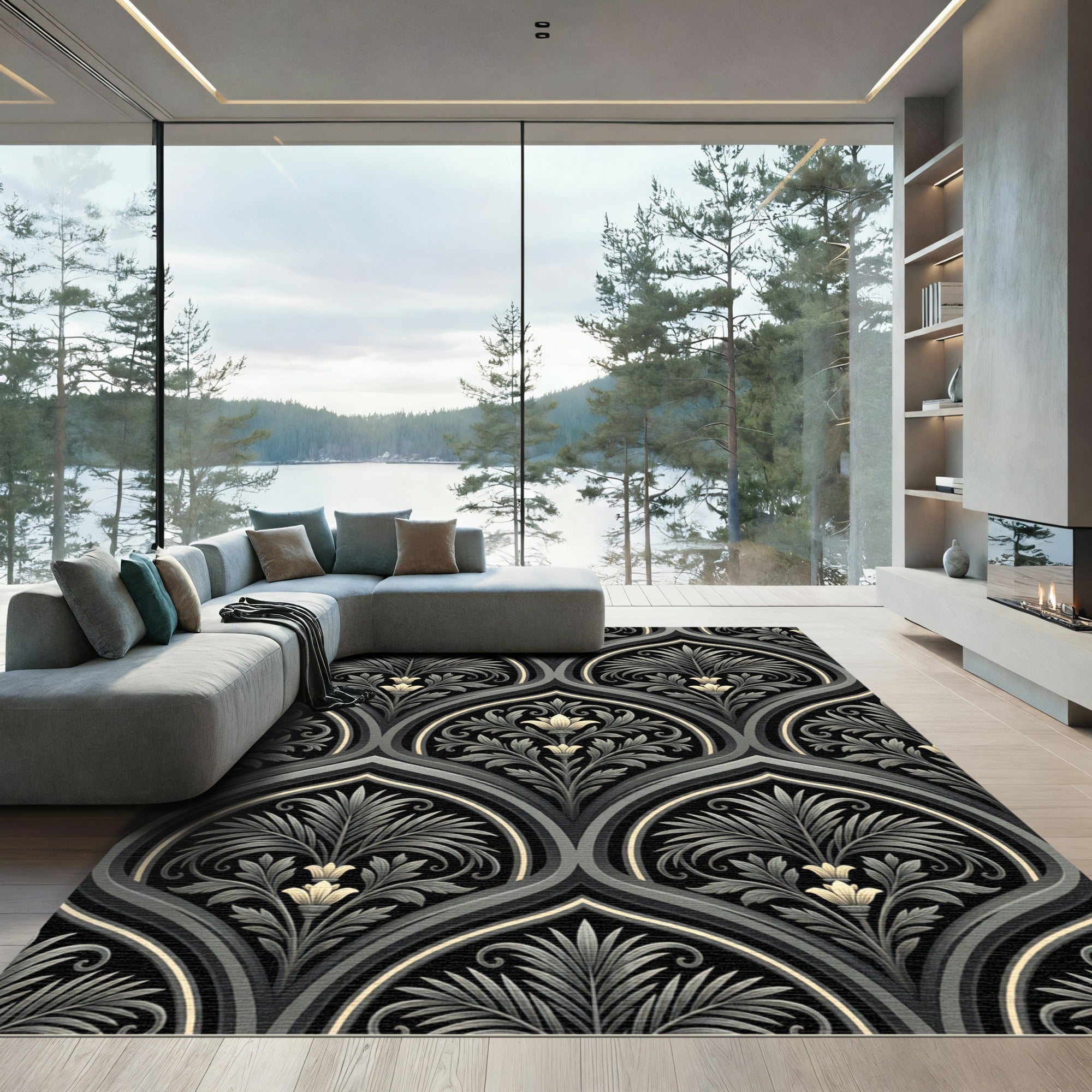 Ornate Black Floral Arabesque Rug