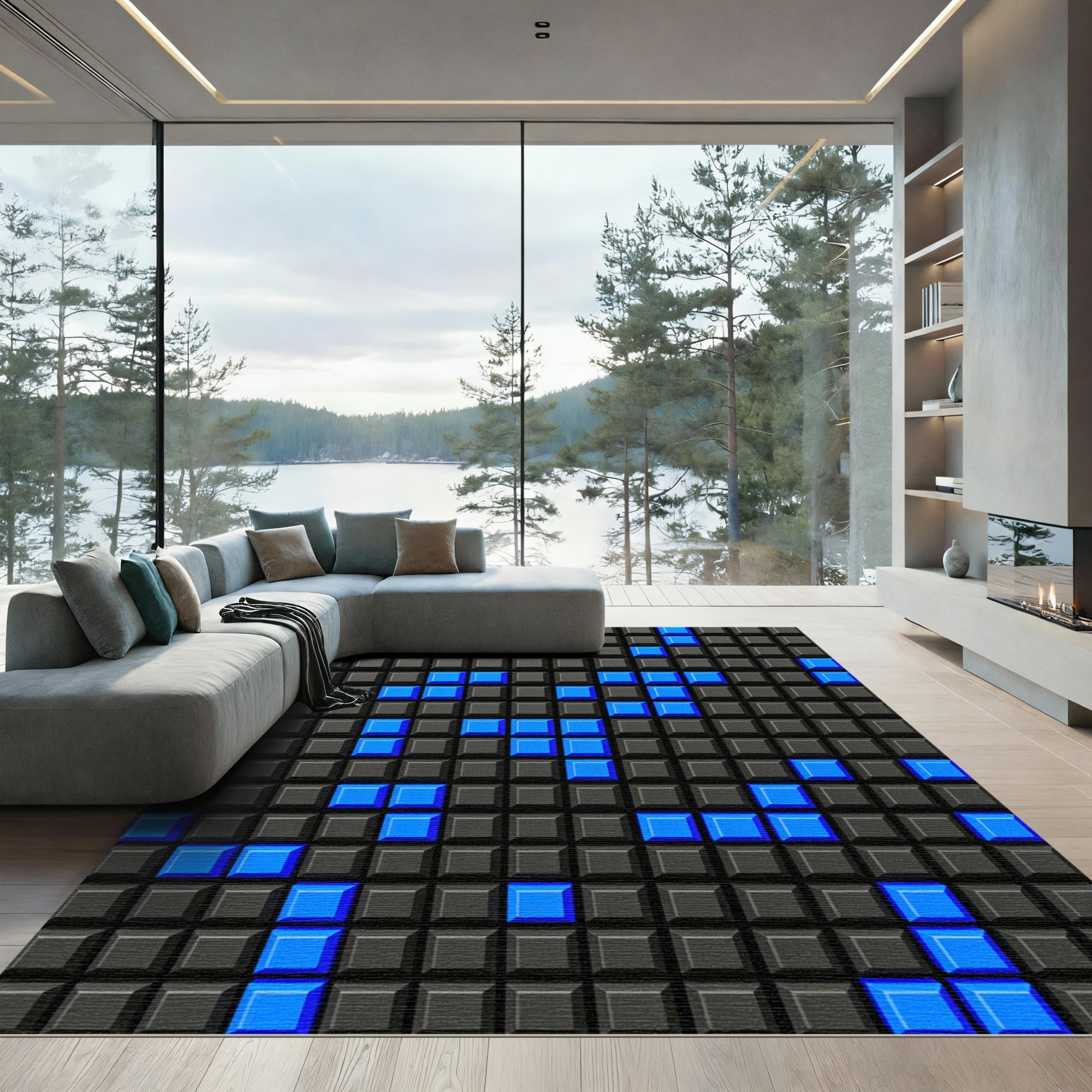 Electric Blue Pixel Grid Block Texture Rug