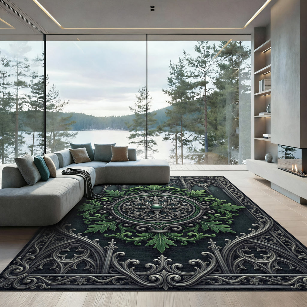 Gothic Emerald Silver Ornate Medallion Rug