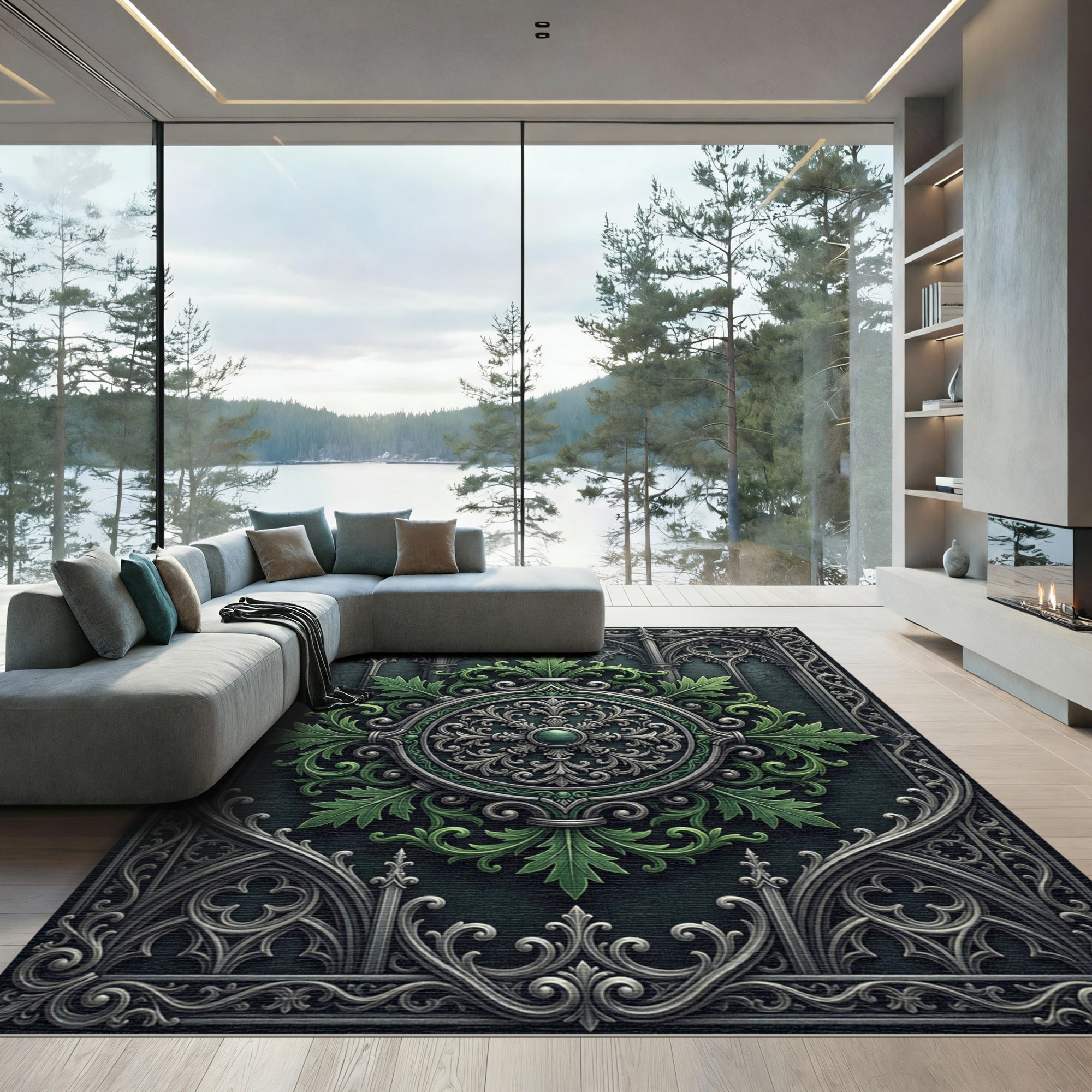Gothic Emerald Silver Ornate Medallion Rug