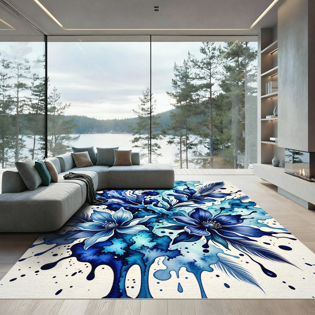 Deep Blue Watercolor Floral Feather Splash Rug