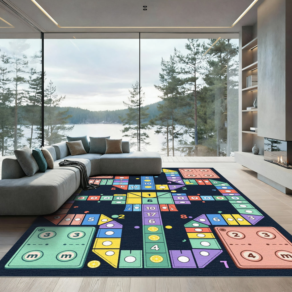 Geometric Multicolored Board Game Grid Rug