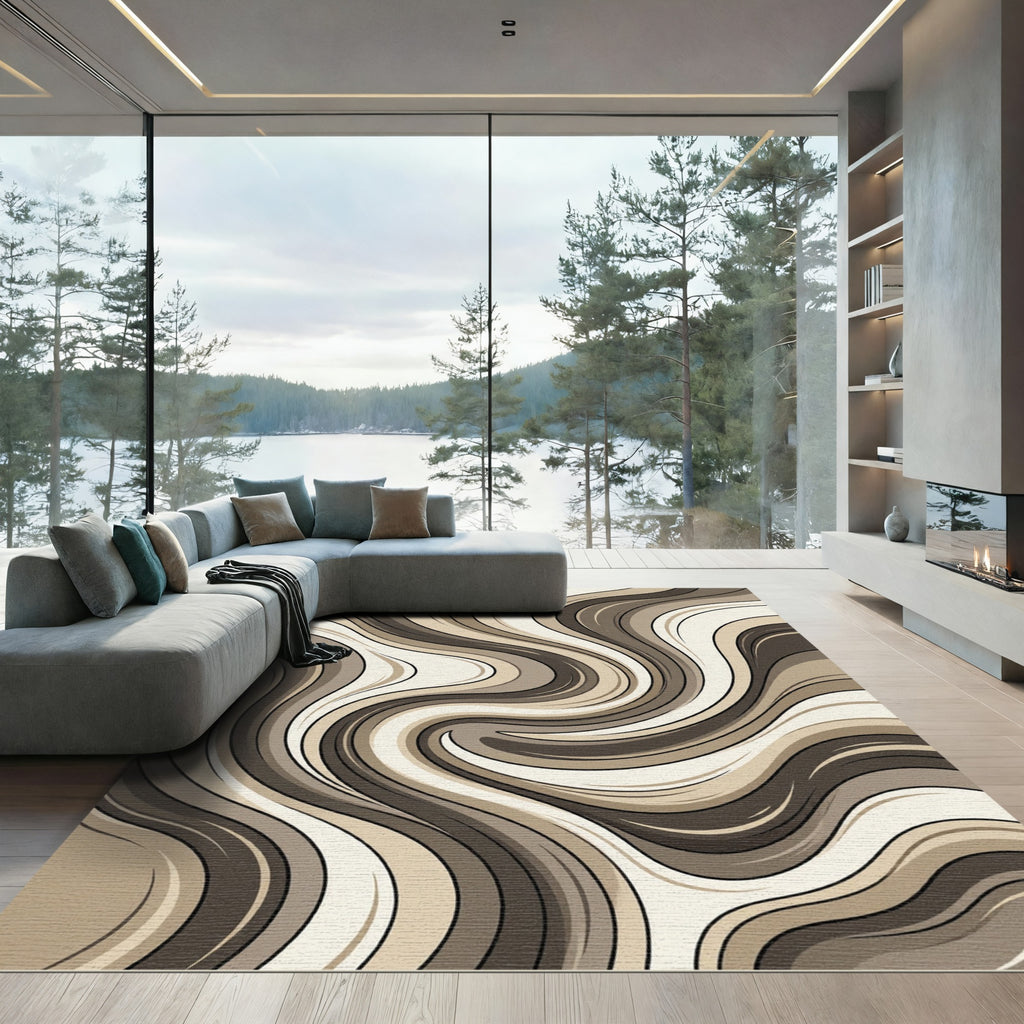 Cream and Coffee Fluid Swirl Rug