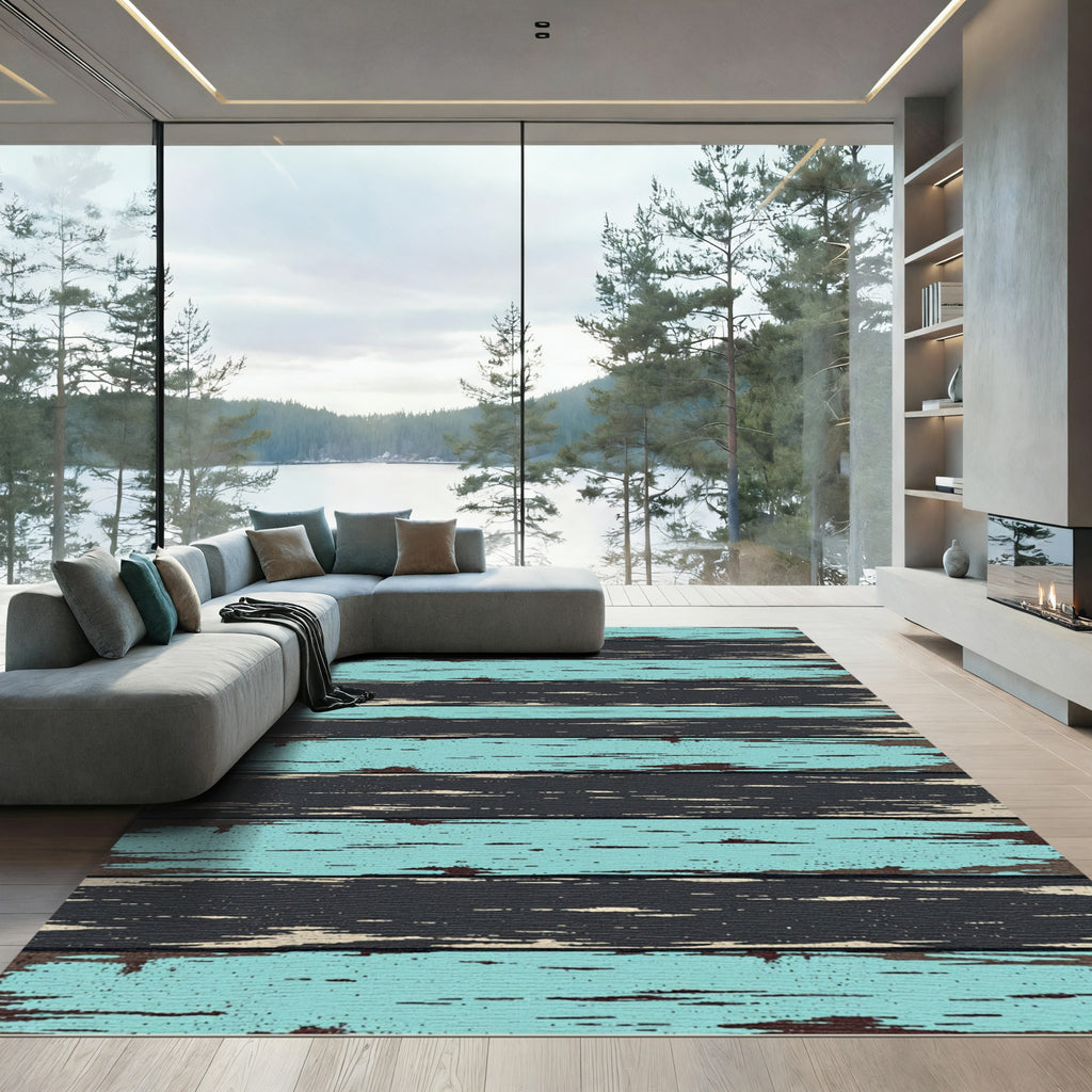 Distressed Blue and Black Wood Grain Rug