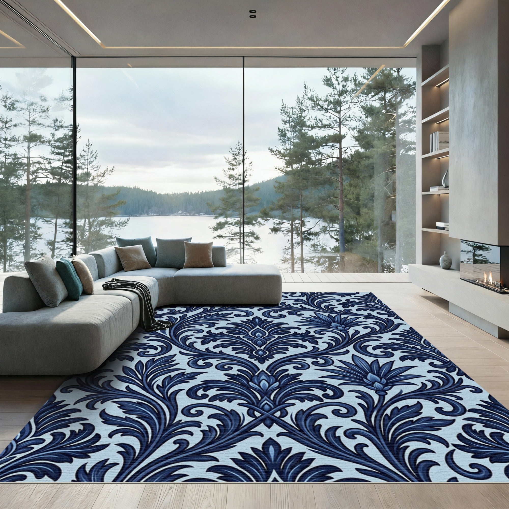 Deep Blue Floral Acanthus Scroll Rug