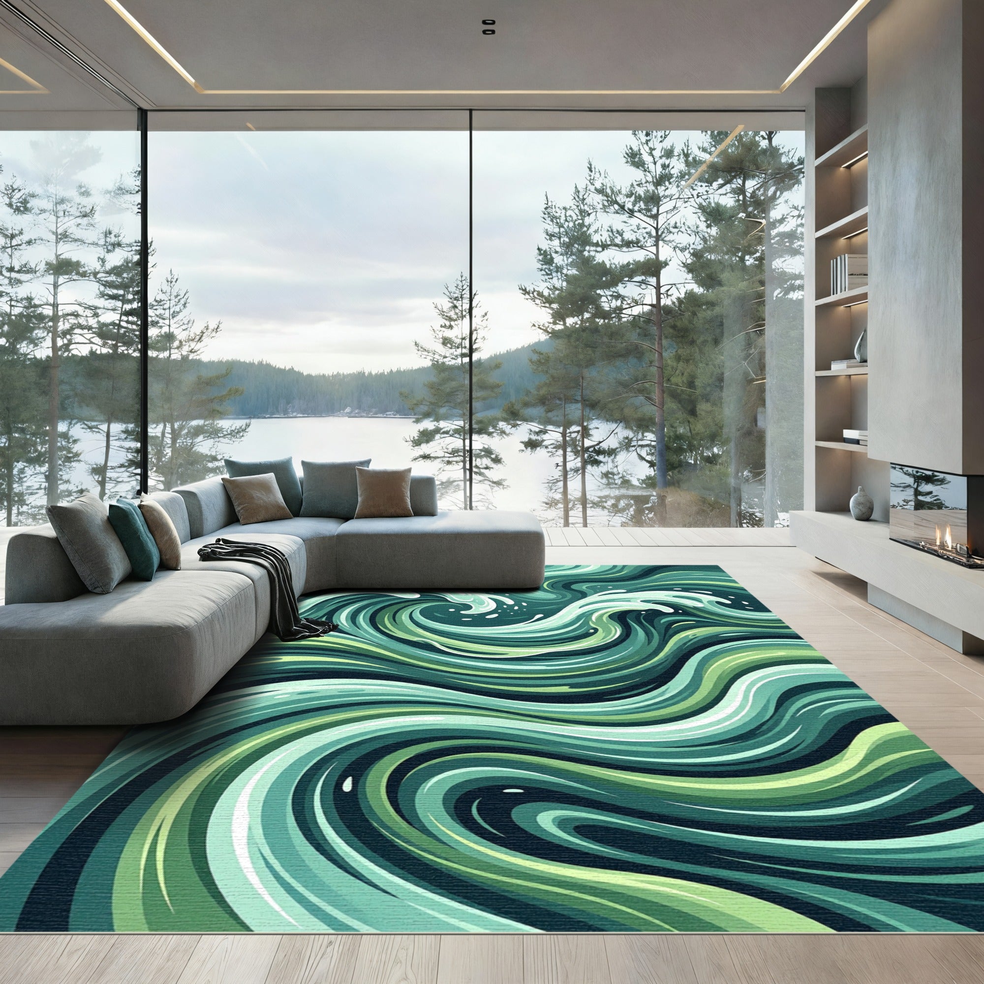 Modern Teal Flowing Ocean Wave Rug