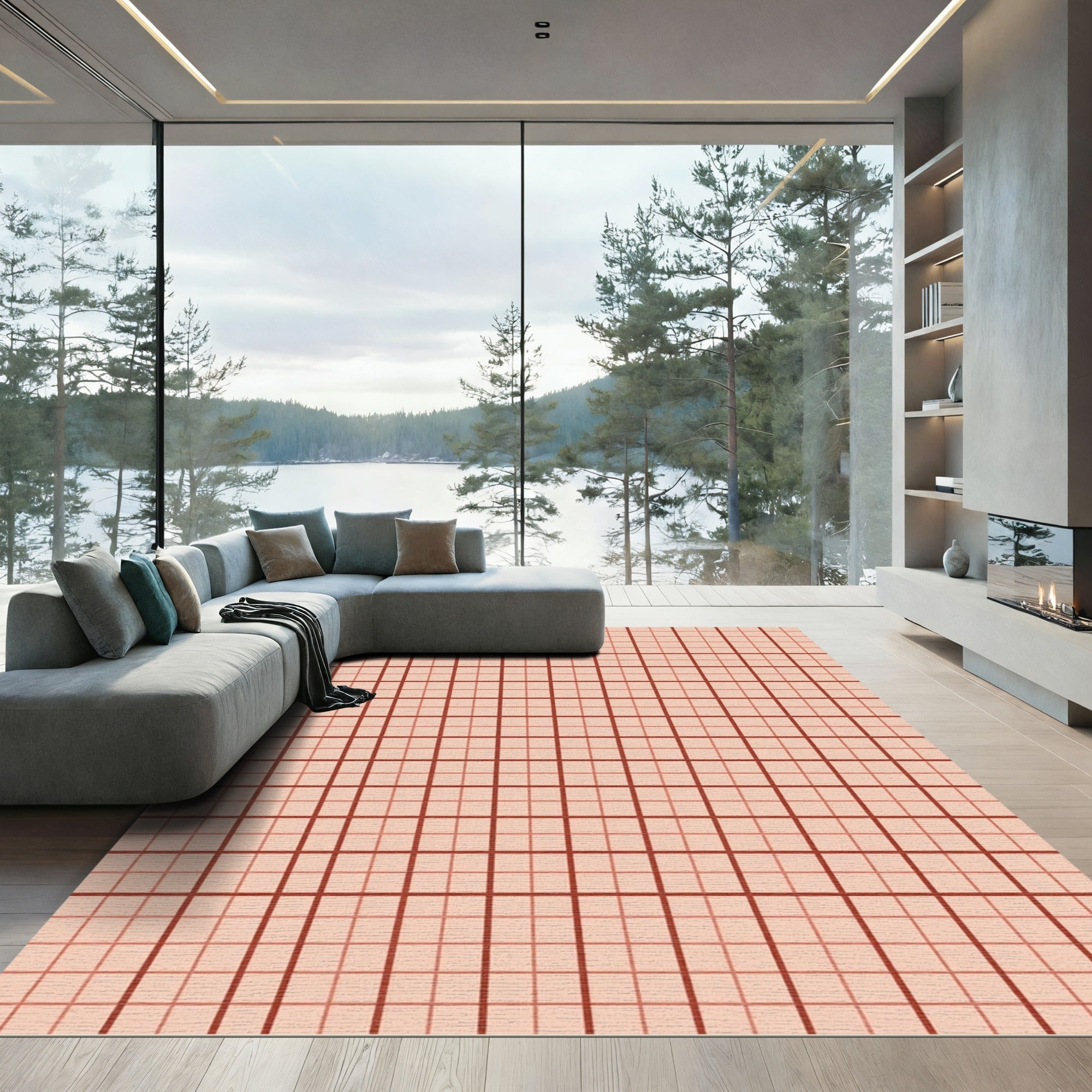 Salmon Pink Grid Geometric Rug