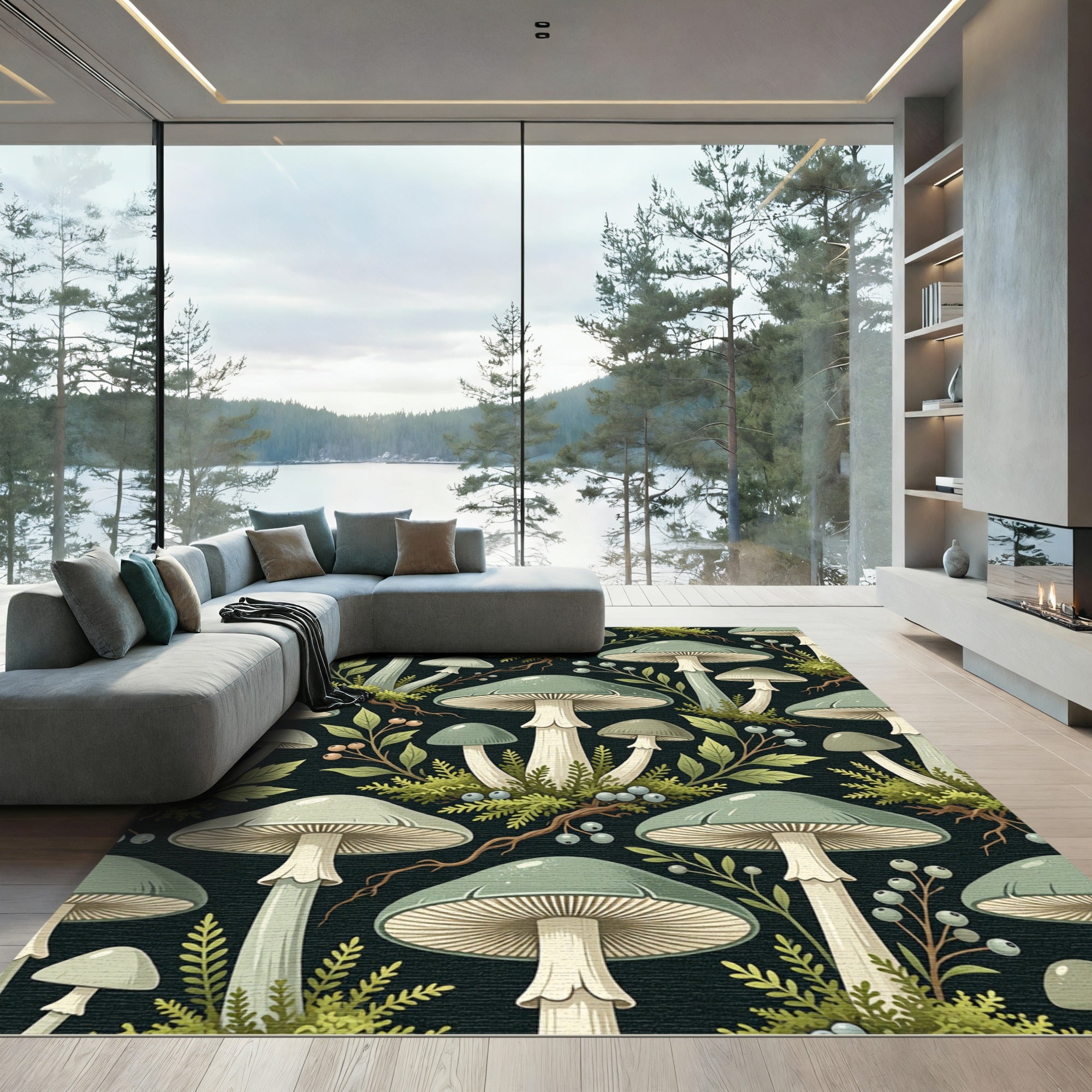 Sage Botanical Mushroom Woodland Forest Scene Rug