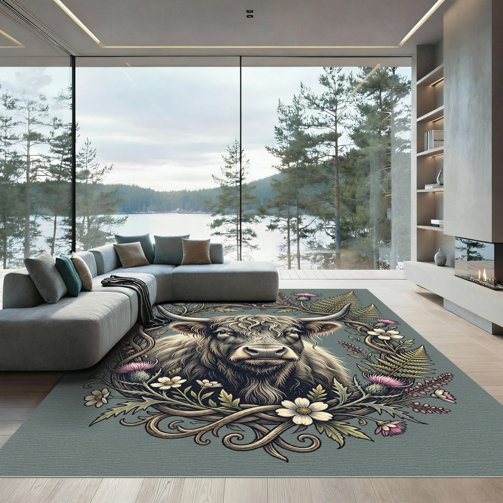 Highland Cow Floral Thistle Meadow Rug