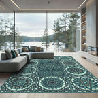 Teal Circular Mandala Geometric Tiled Grid Rug