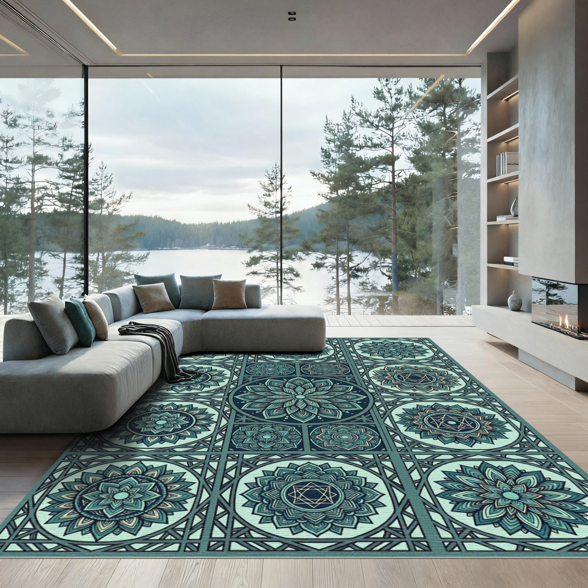 Teal Circular Mandala Geometric Tiled Grid Rug