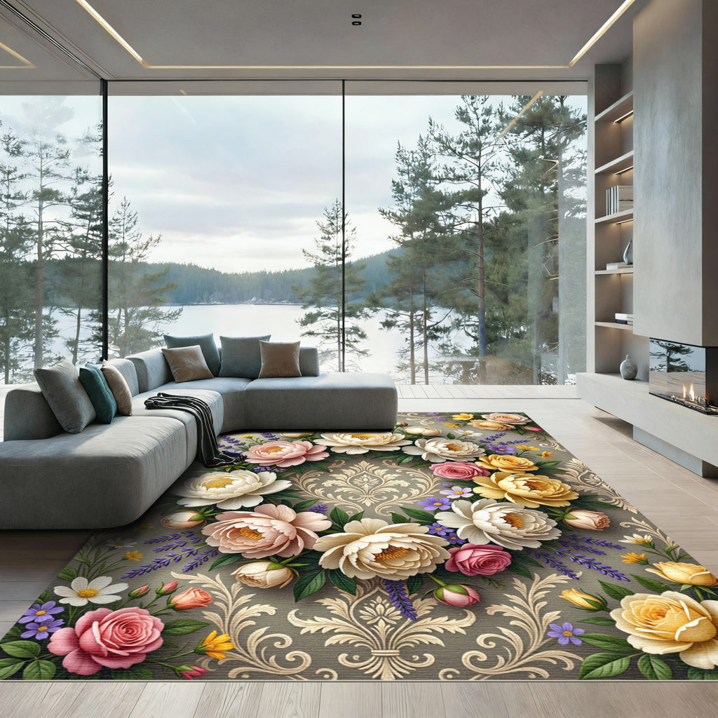Elegant Floral Bouquet Damask Wreath Rug