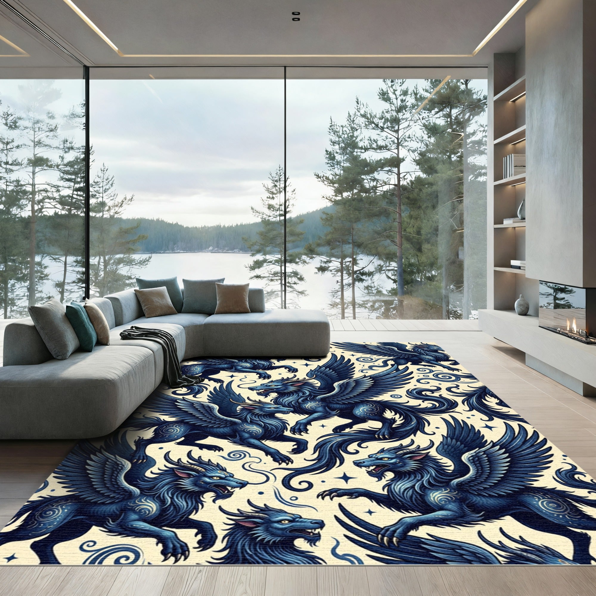 Mystical Winged Blue Dragon Sky Fantasy Rug
