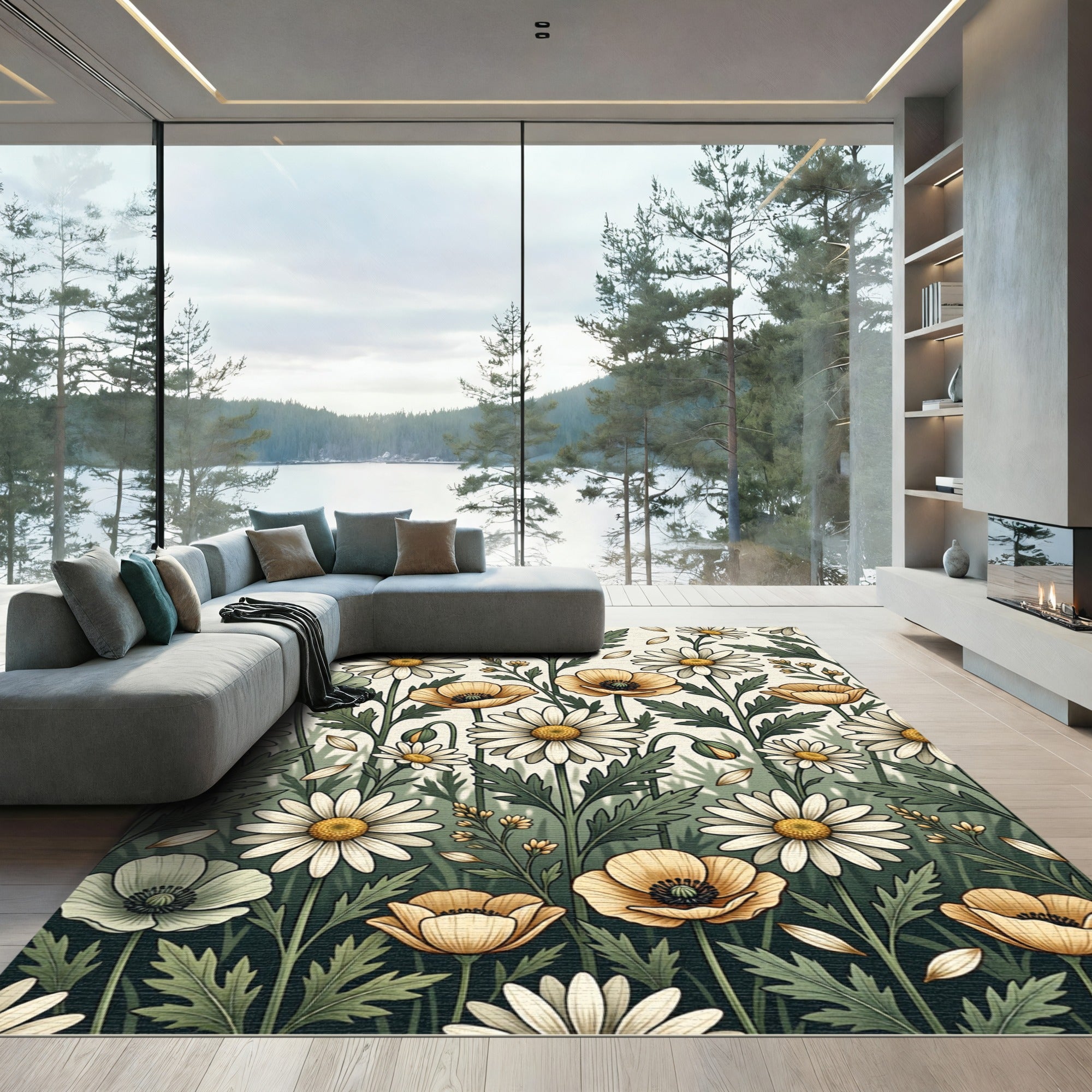 Botanical Meadow Daisy and Poppy Field Rug