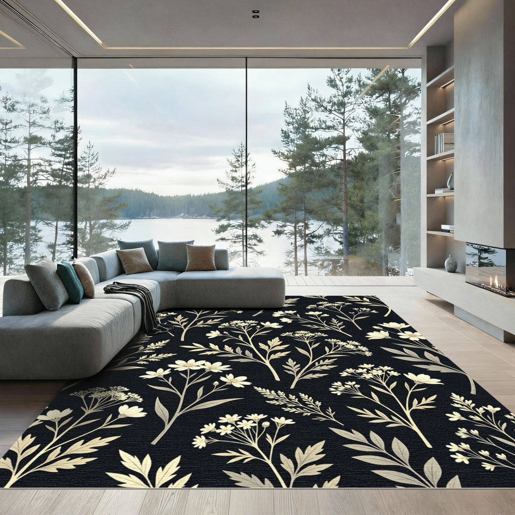 Elegant Cream Wildflower Botanical Black Background Rug