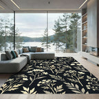 Elegant Cream Wildflower Botanical Black Background Rug