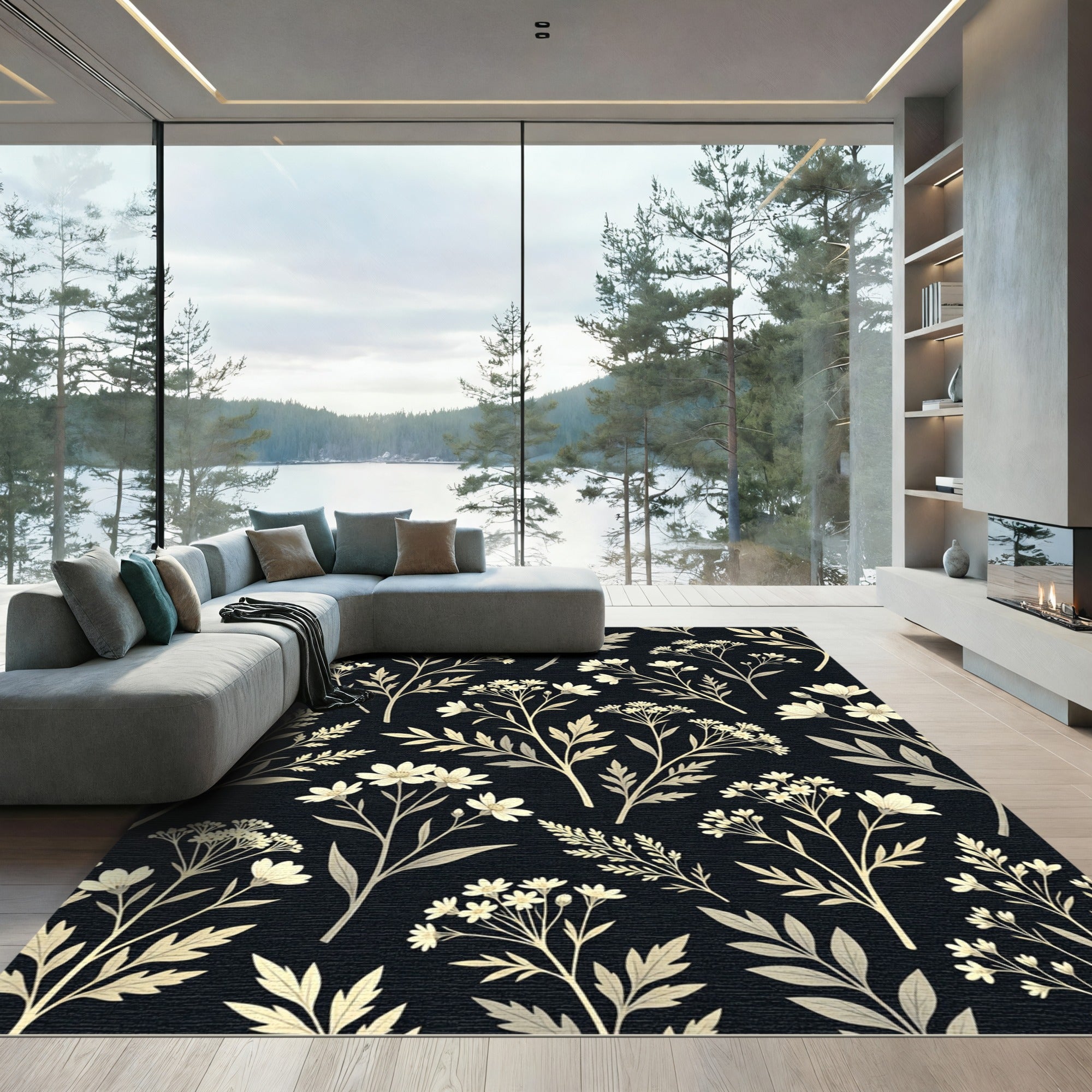 Elegant Cream Wildflower Botanical Black Background Rug