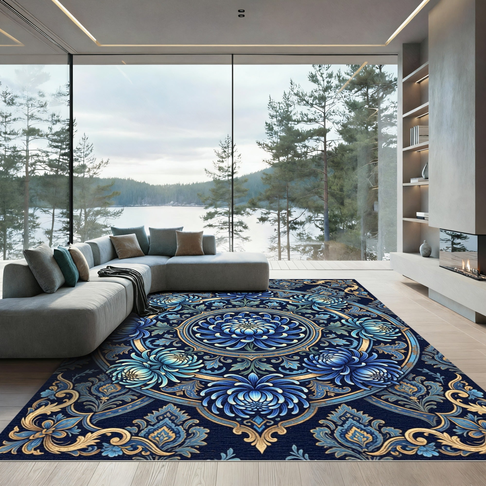 Midnight Blue Floral Medallion Scroll Rug