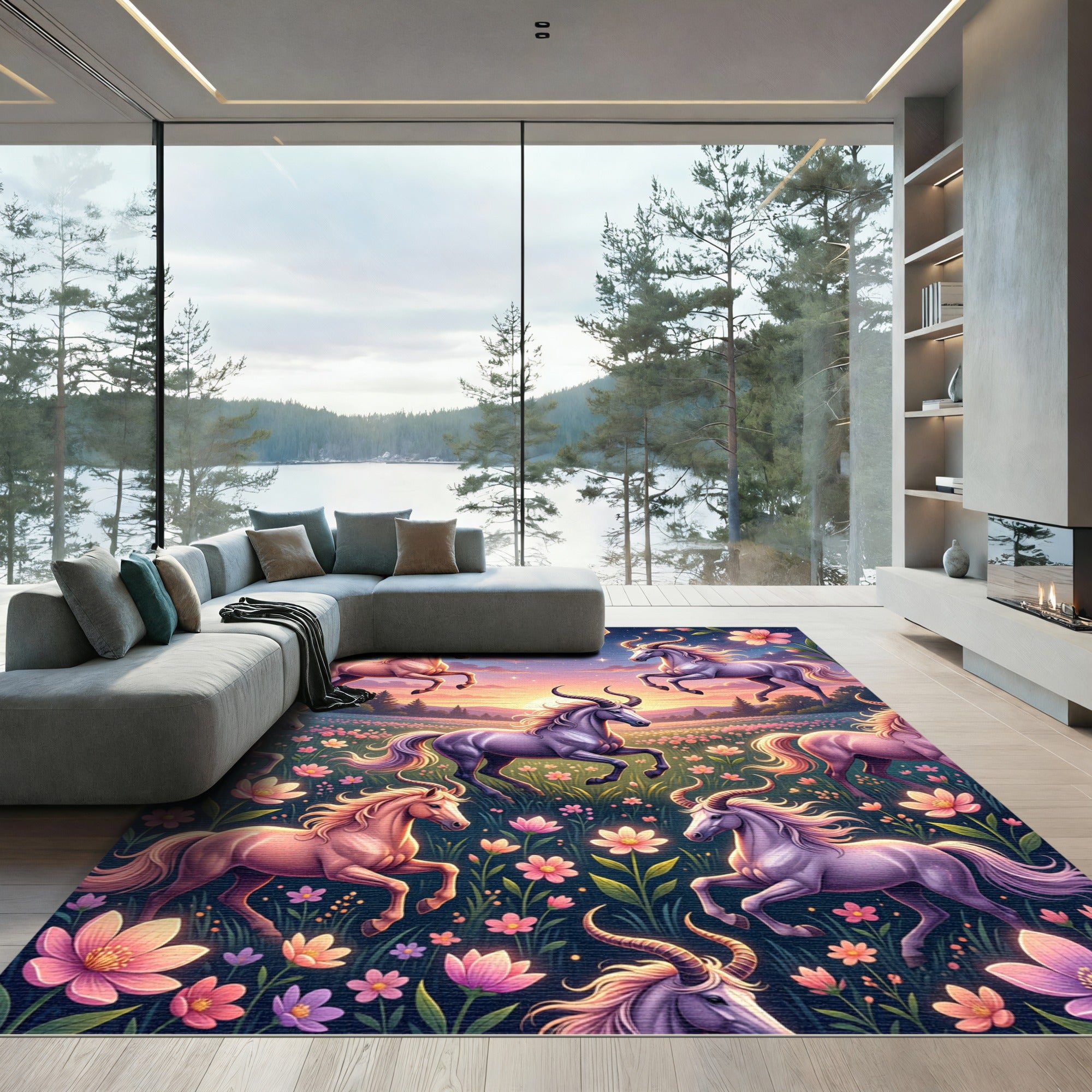 Ethereal Unicorn Meadow with Pastel Florals Rug