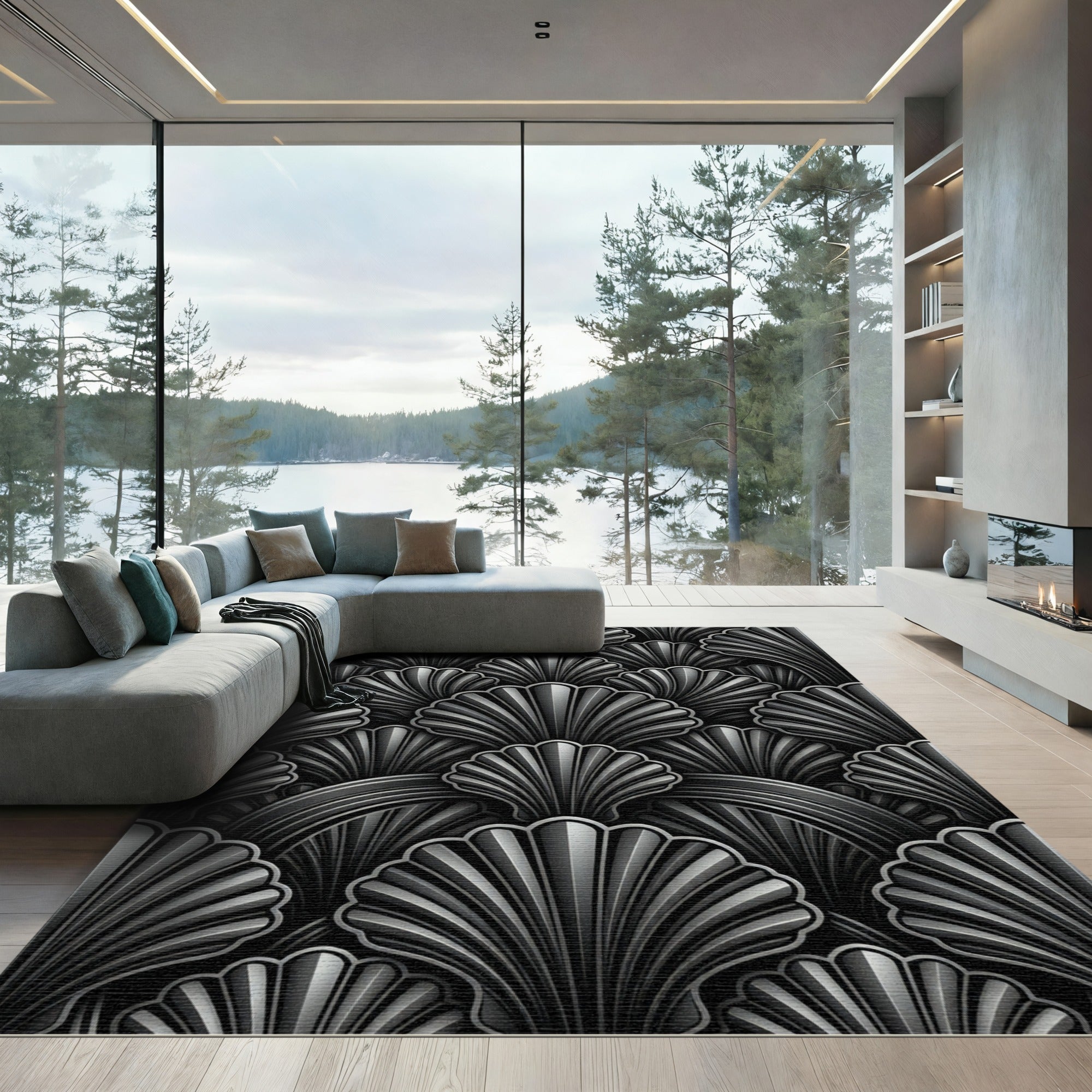 Sophisticated Art Deco Monochrome Shell Rug