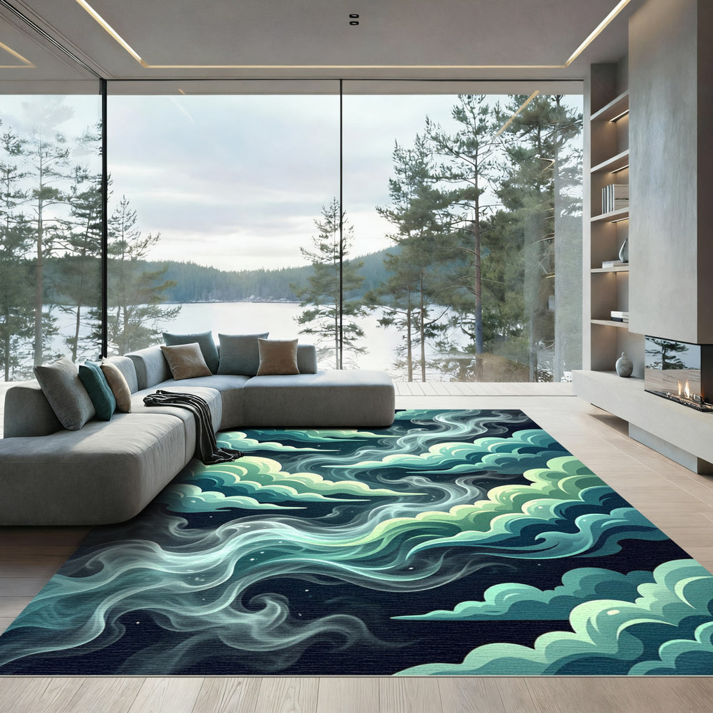 Ethereal Teal Whimsical Celestial Cloudscape Rug