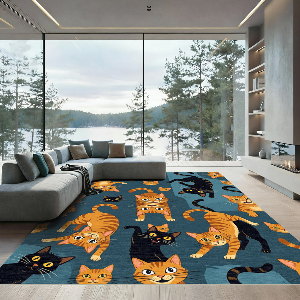Playful Orange and Black Cats Collage Rug
