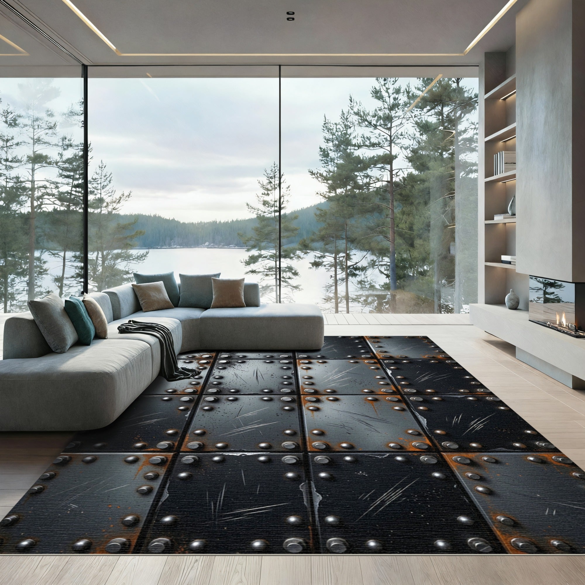 Industrial Steel Riveted Metal Grid Rug
