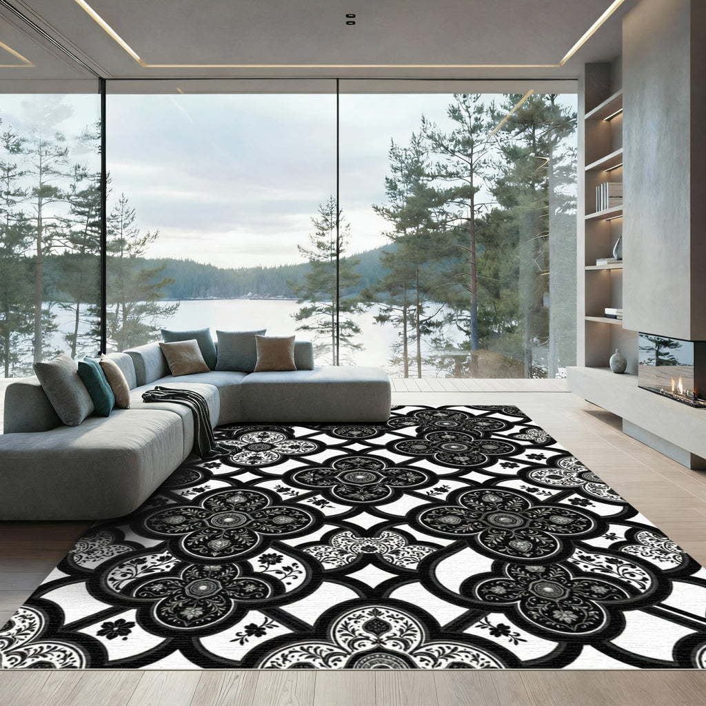 Monochrome Black Gothic Trellis Floral Tile Rug