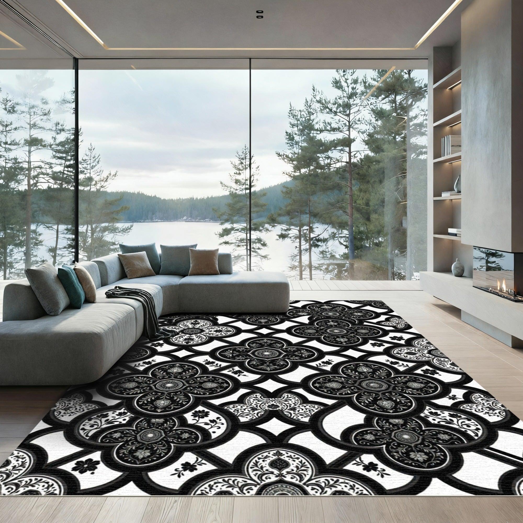 Monochrome Black Gothic Trellis Floral Tile Rug