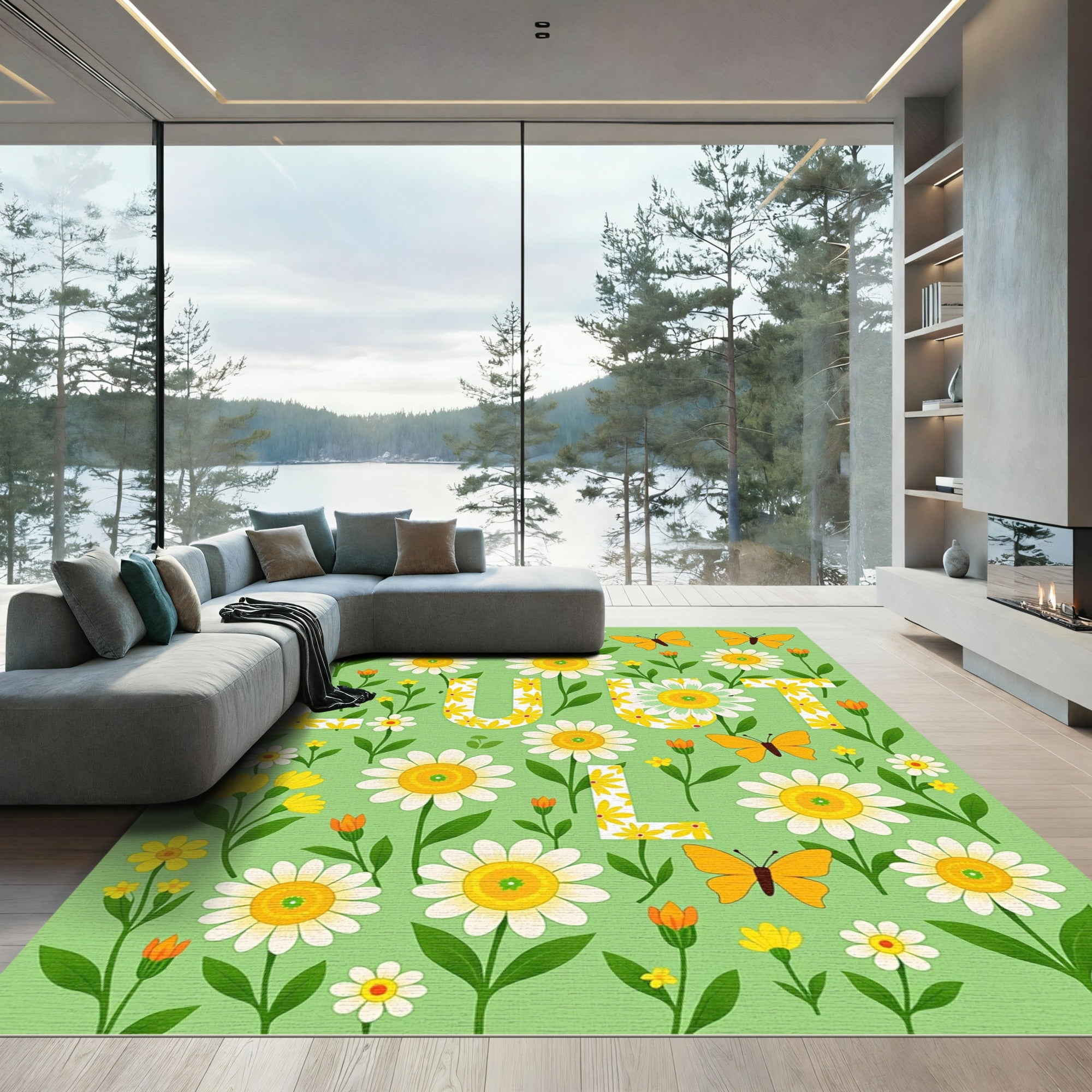 Whimsical floral butterflies garden greenery Rug