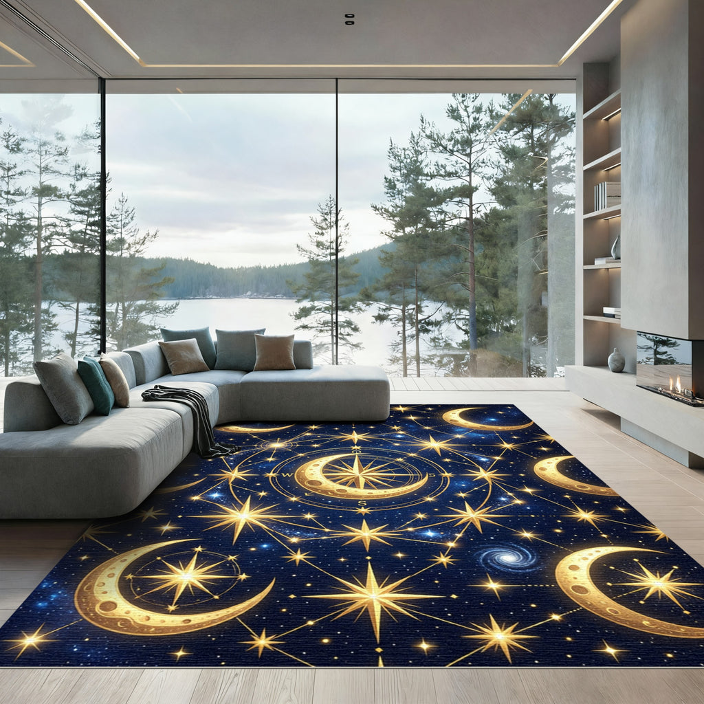Golden Celestial Crescent Moon Starry Night Rug