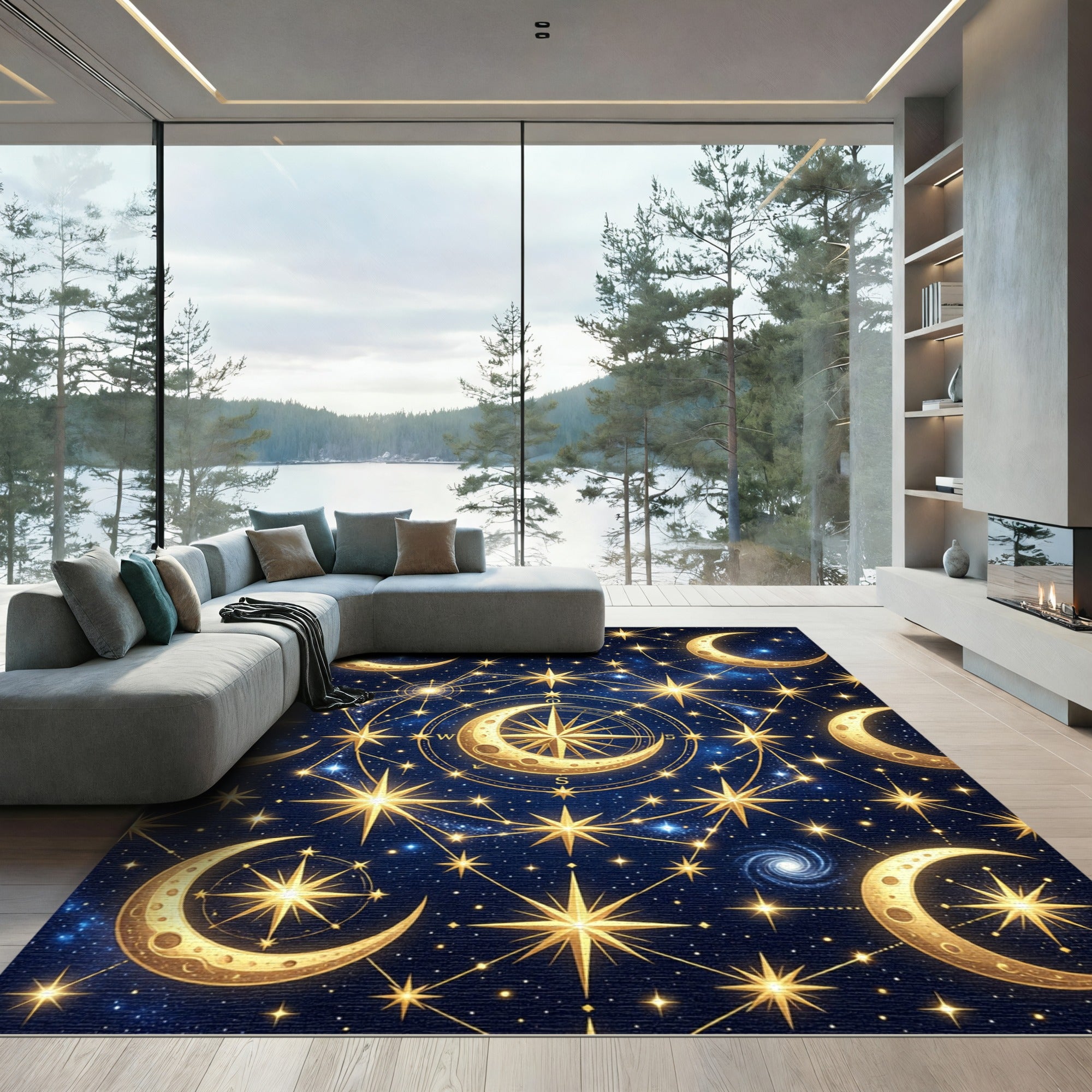 Golden Celestial Crescent Moon Starry Night Rug