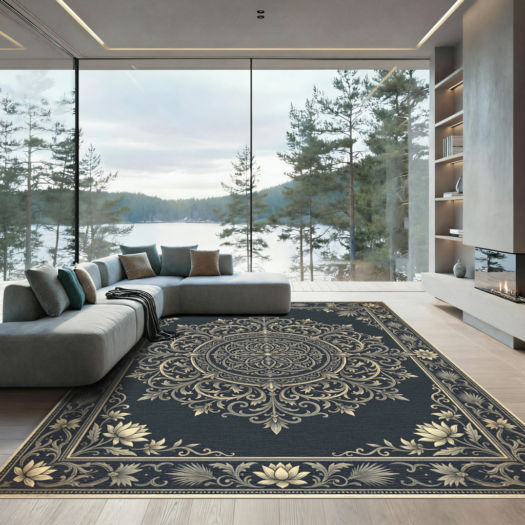 Ornate Gold Filigree Charcoal Medallion Rug