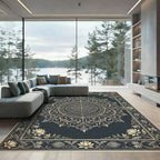 Ornate Gold Filigree Charcoal Medallion Rug
