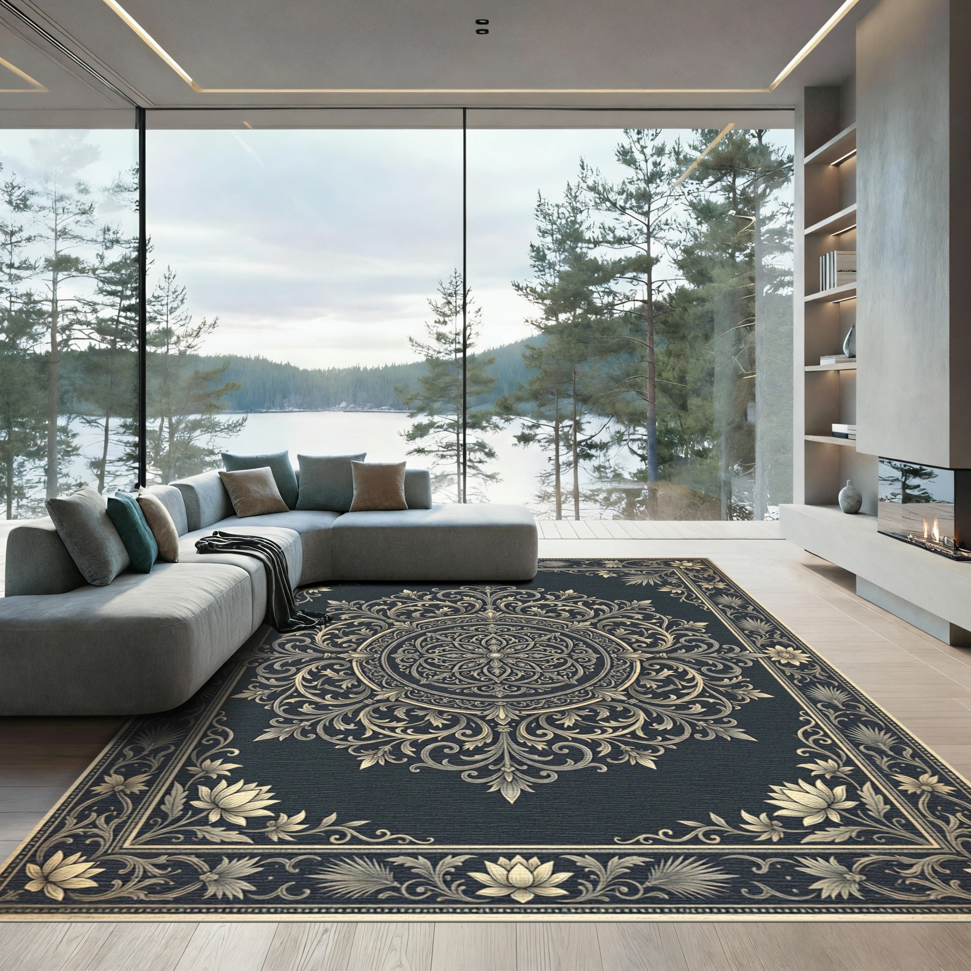 Ornate Gold Filigree Charcoal Medallion Rug