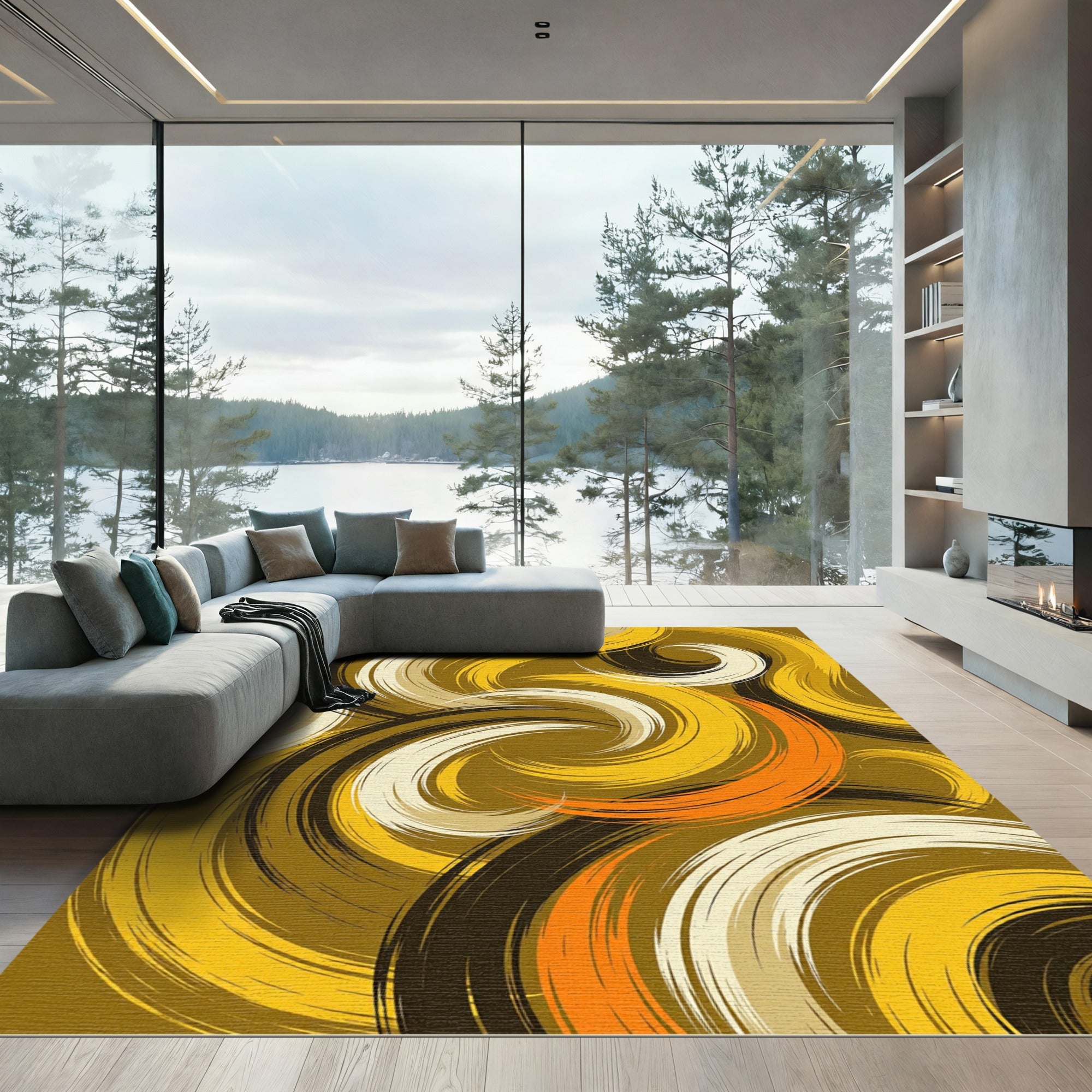 Golden Ochre Abstract Swirl Rug
