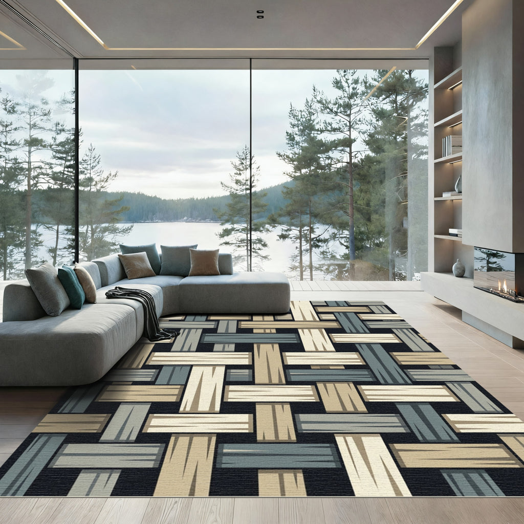 Modern Woven Basketry Beige and Blue Rug