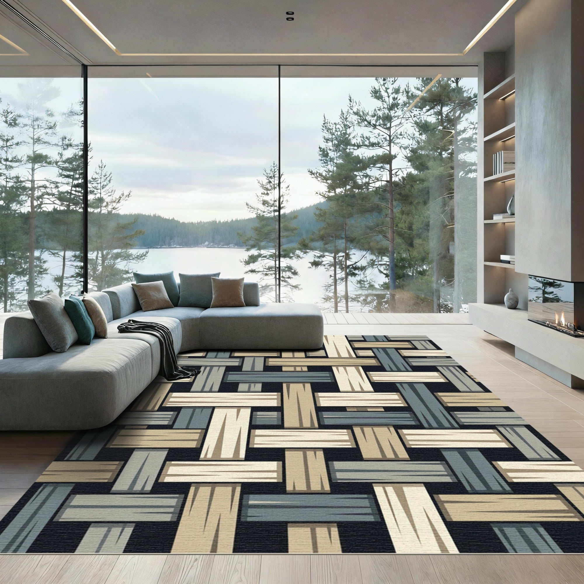 Modern Woven Basketry Beige and Blue Rug