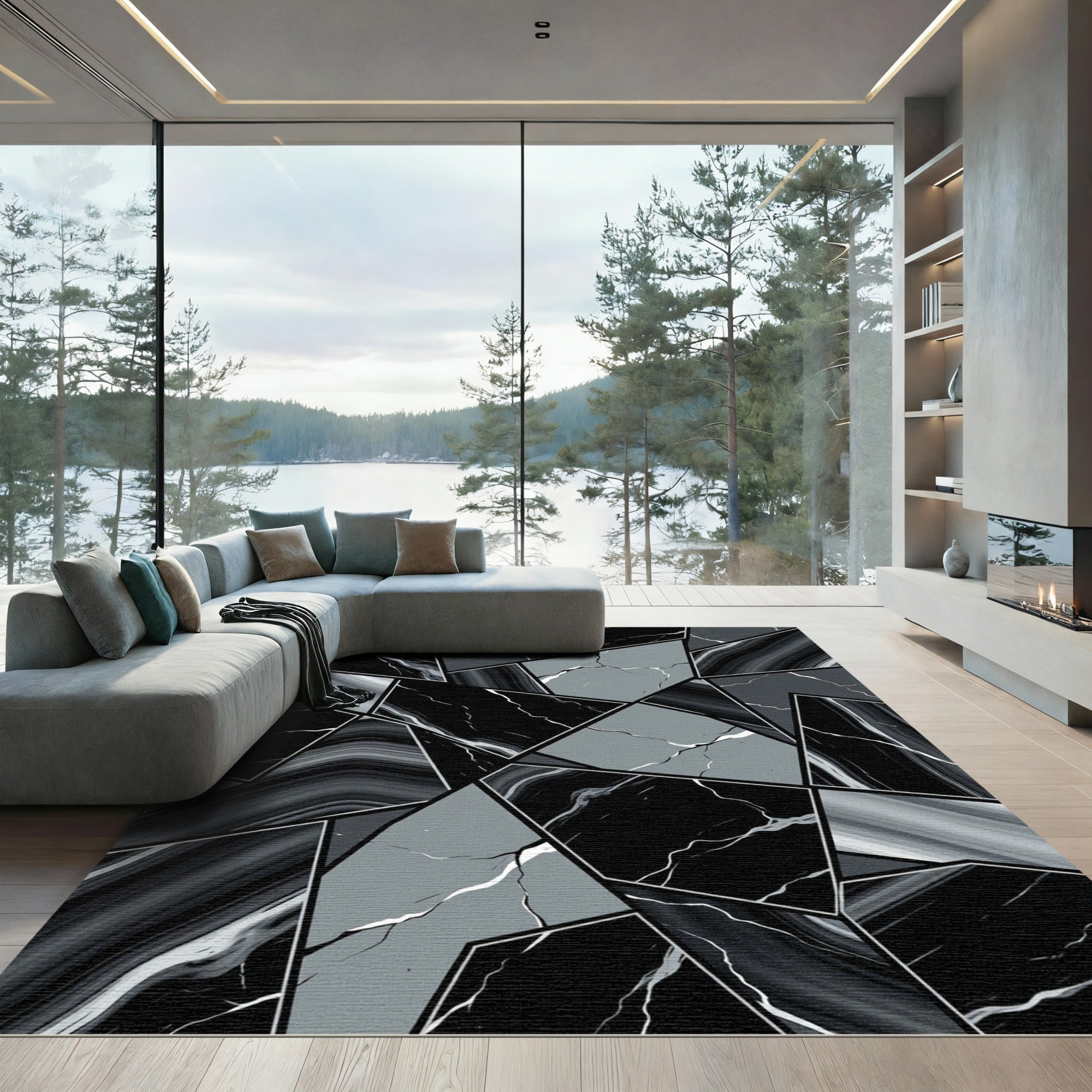 Abstract Black White Marble Mosaic Rug