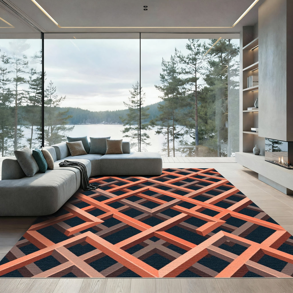 Geometric Copper Lattice Interlocking Lines Rug