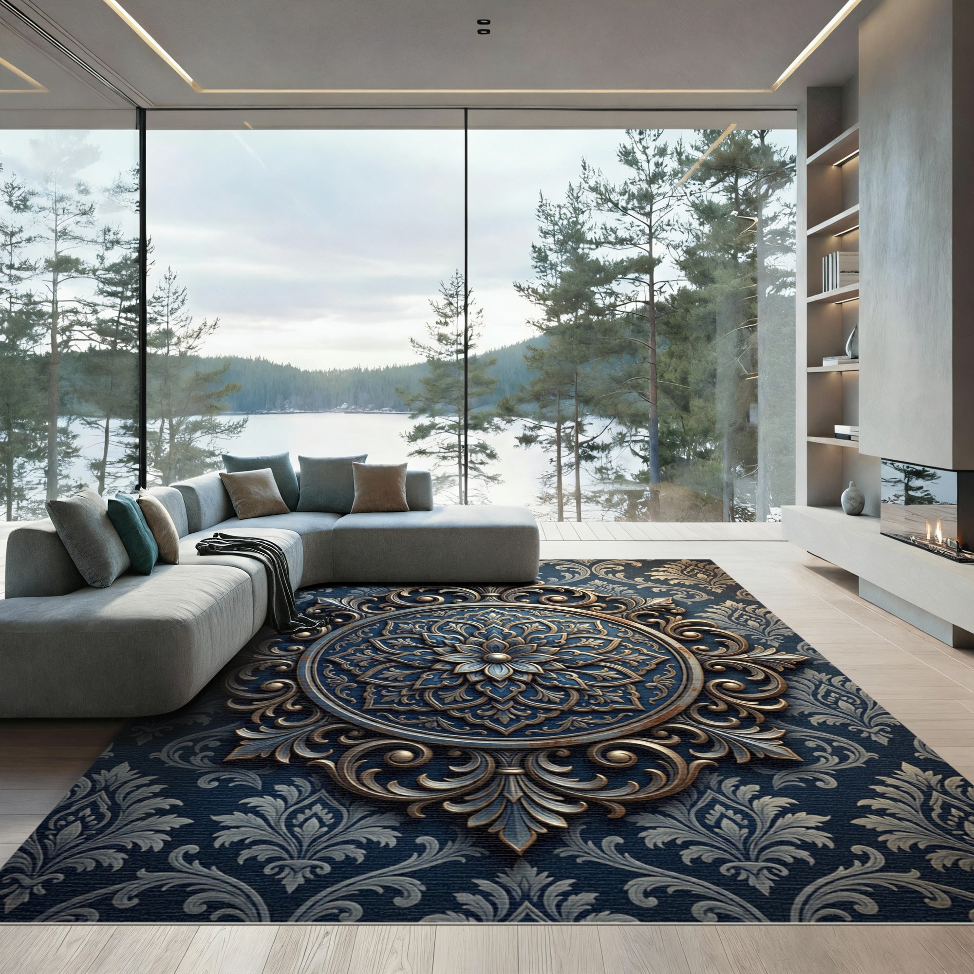 Ornate Navy Gold Damask Medallion Rug