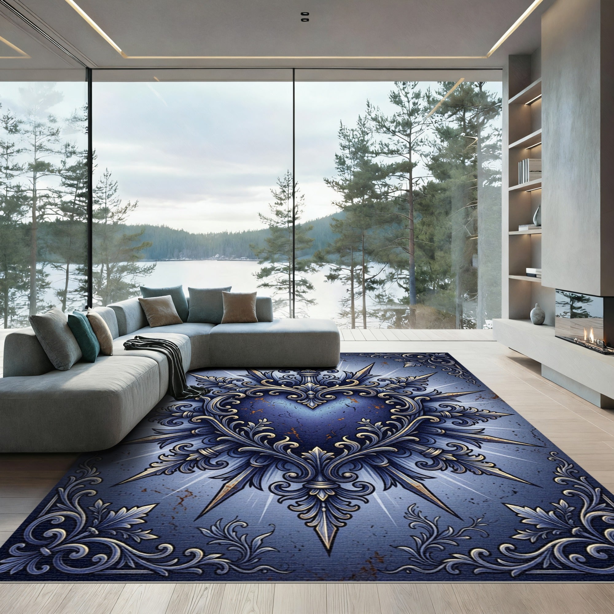 Ornate Gothic Blue Heart Filigree Rug