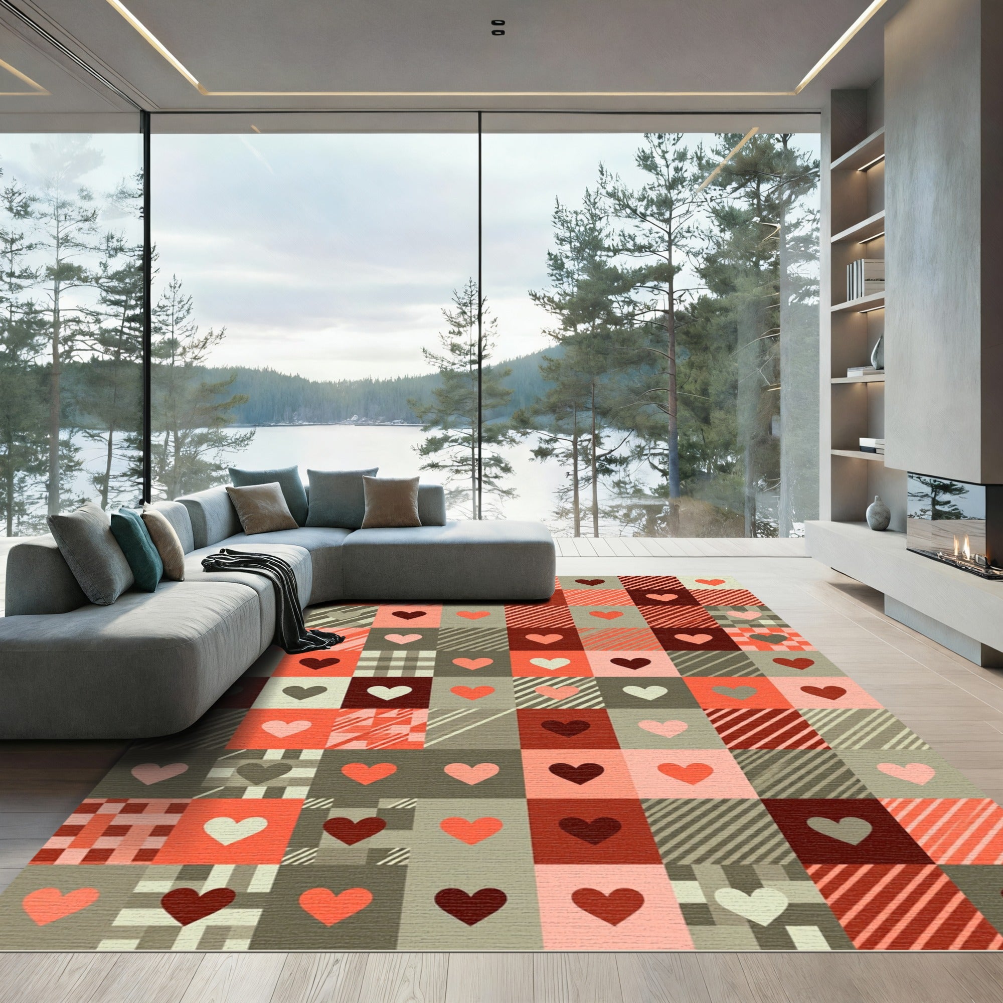 Coral and Deep Red Heart Grid Rug