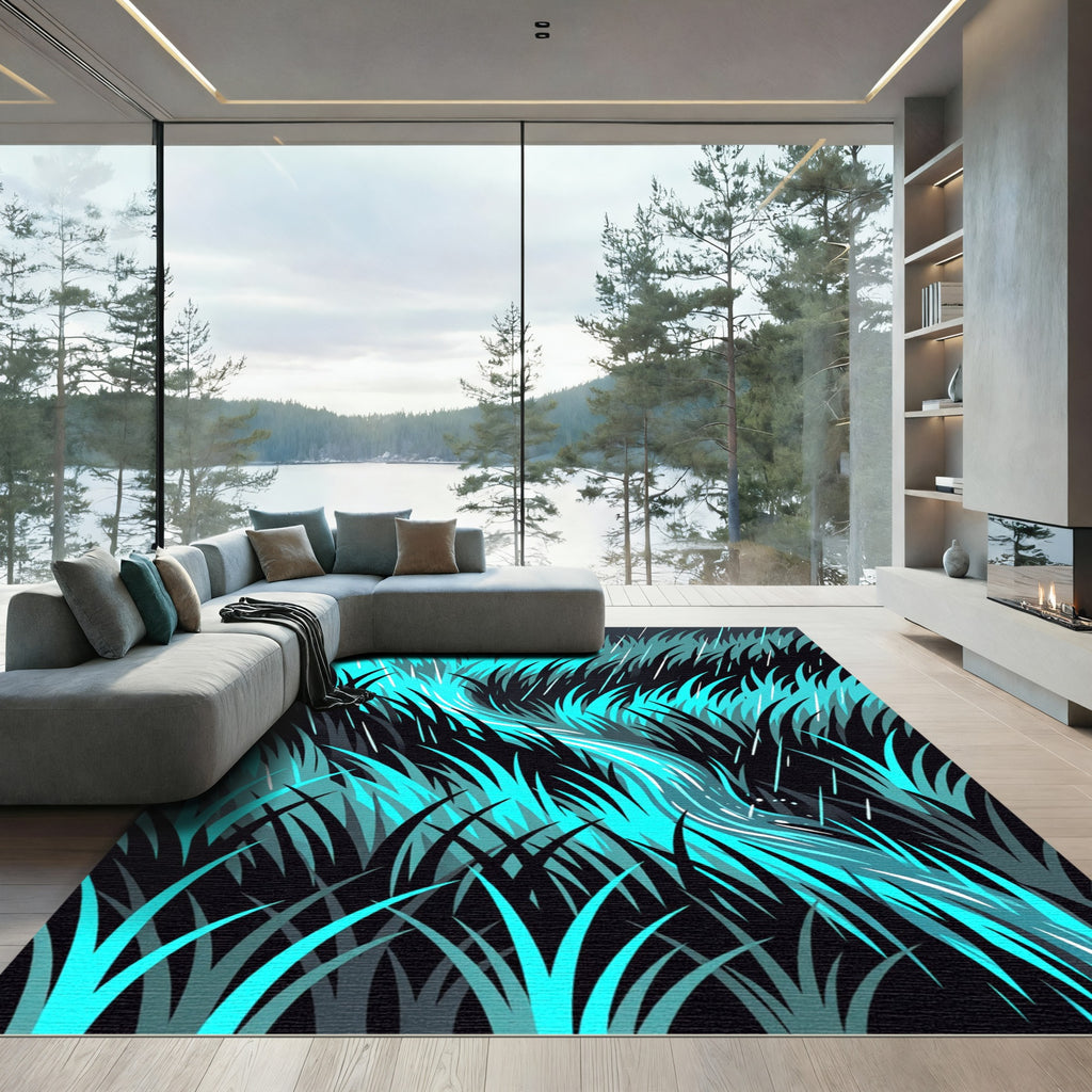 Electric Blue Abstract Grass Meadow Rug
