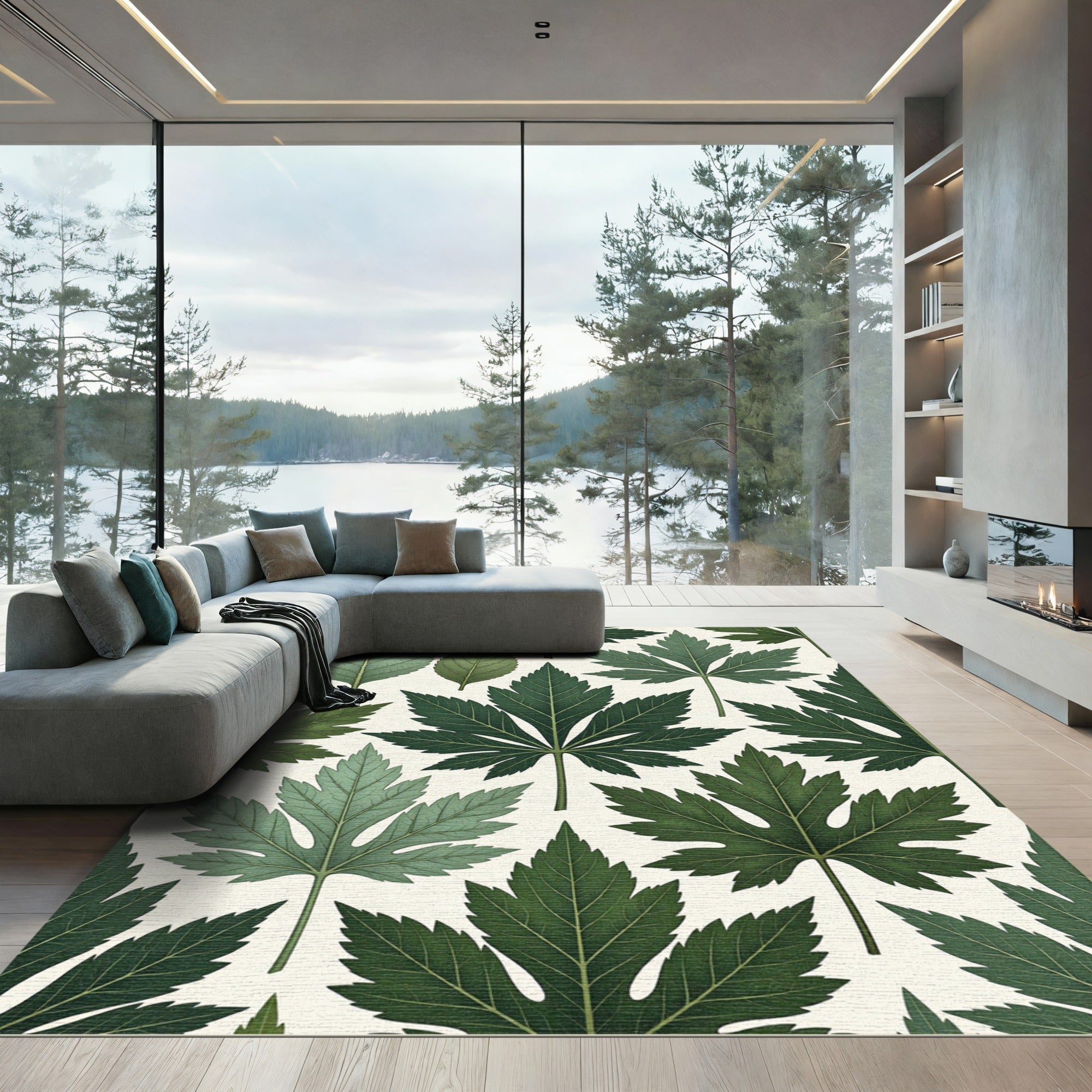 Lush Emerald Botanical Forest Leaf Rug