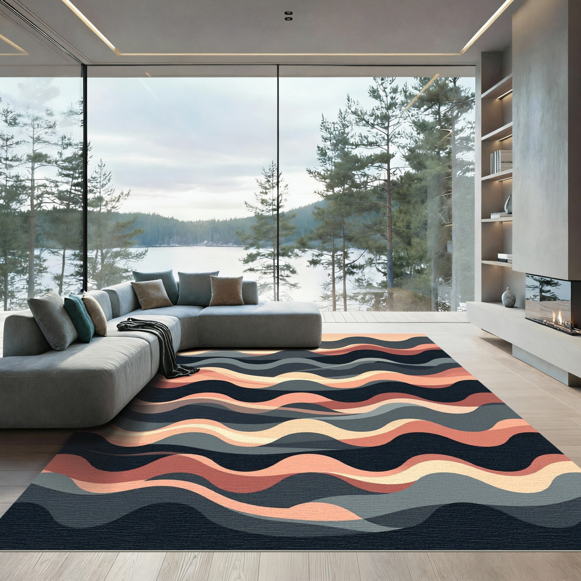 Salmon Coral Abstract Layered Waves Rug