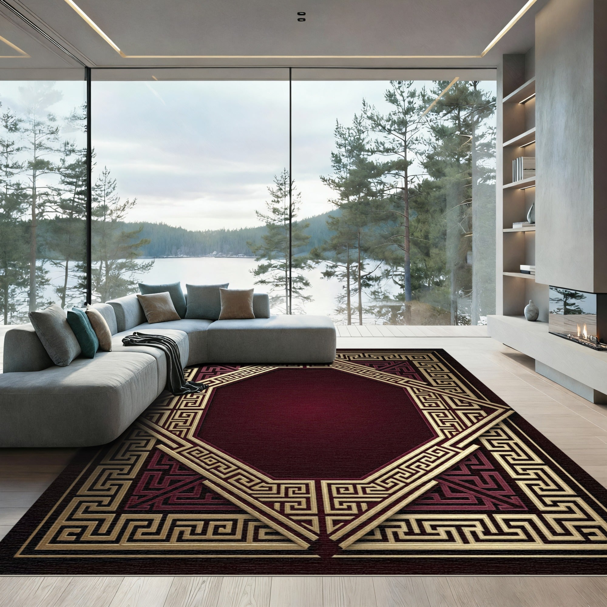 Ornate Gold Greek Key Frame Rug